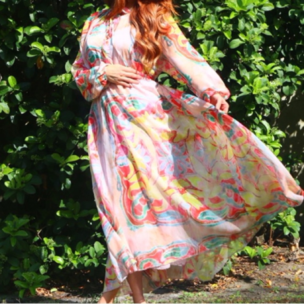 Breezy Tie Neck Long Sleeve Chiffon hi-low dress